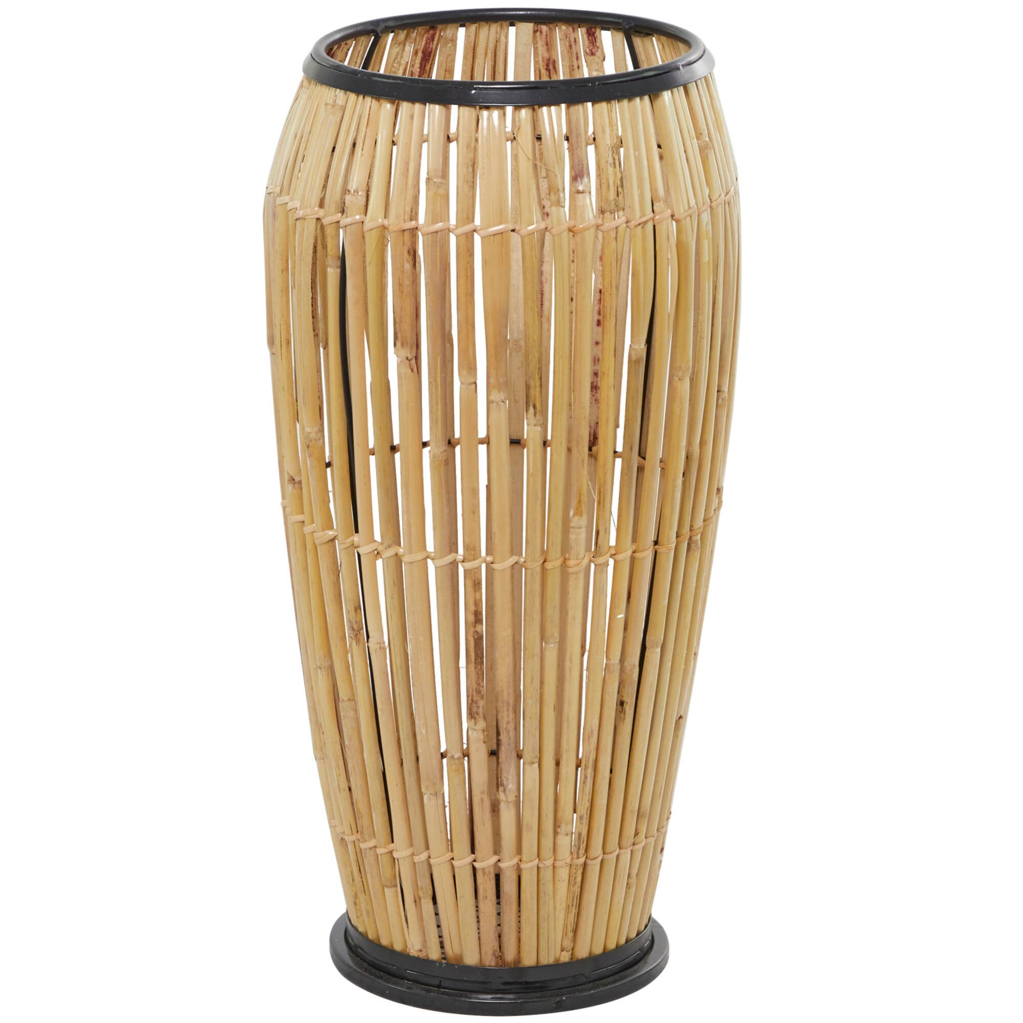 Brown Wicker Handmade Slatted Frame Vase with Black Metal Accents